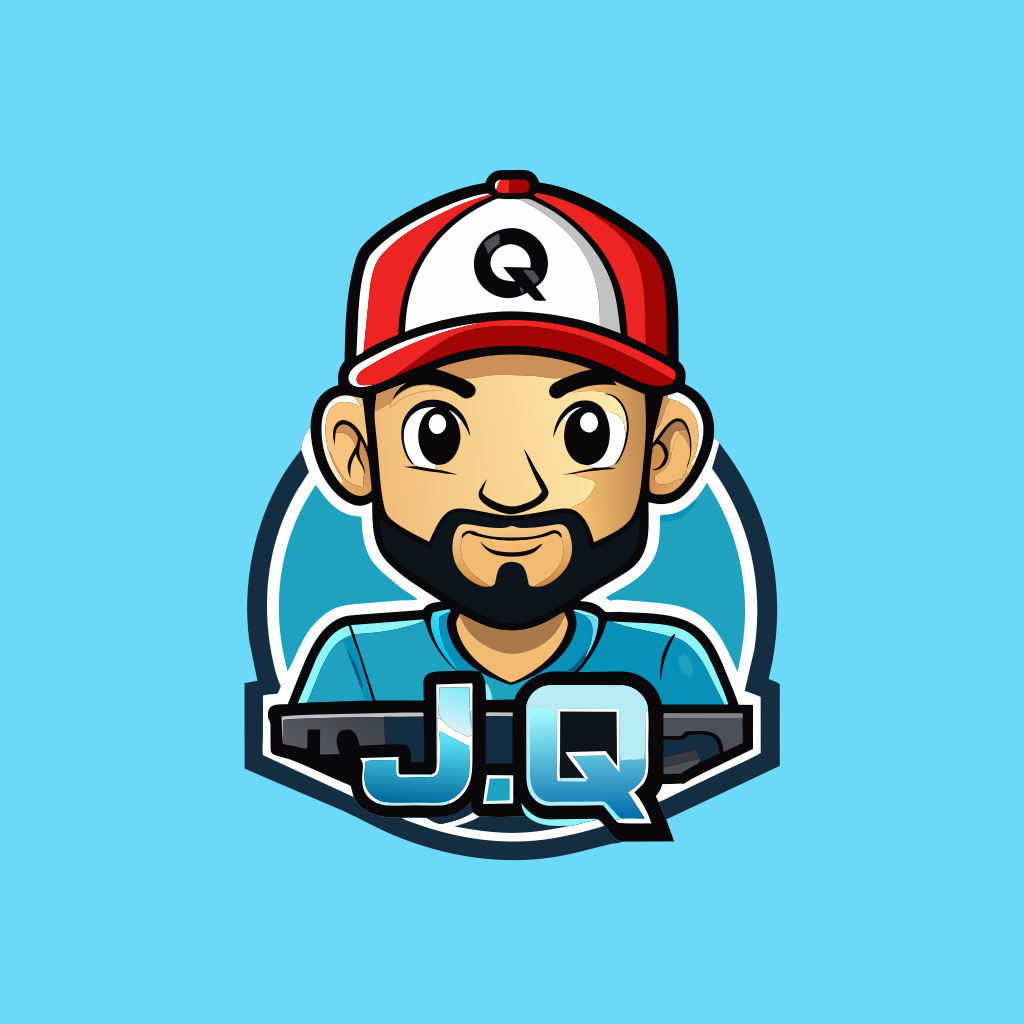 make a gaming logo with a light dark skin guy with a baseball hat with the letters jq on it and short boxed beard and big ears with a gaming mouse in the right hand