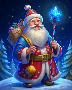 happy and smiling ded moroz with a long stick and pouch of gift
