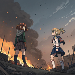 Digital illustration featuring Ochaco Uraraka and Himiko Toga. They stand amidst a battlefield with fiery explosions and dark clouds.