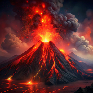 make a beautiful background with an erupting volcano, red colors, dark background, smoke behind