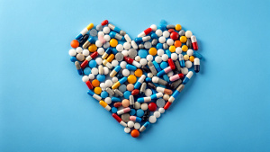 The heart made of tablets and pills on blue background