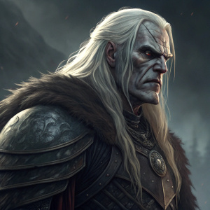 Digital artwork featuring Elric VIII, the 428th Emperor of Melniboné. Elric has a gaunt, bony figure, long white hair, and a fierce, enraged expression. His physique is detailed and robust. Set against a somber, dark background