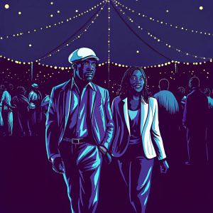 Courtney B. Vance and Angela Bassett at a glamorous gala. They are dressed in elegant attire, with Courtney wearing a white cap and Angela in a matching white blazer and shirt. The event is held in a large tent filled with attendees celebrating a festive occasion.