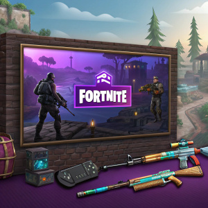 A dynamic Twitch stream overlay featuring elements from Fortnite such as weapons, collectibles, and characters. The design is inspired by Fortnite's vibrant color palette and unique textures, offering a personalized gaming experience for viewers. The Fortnite logo prominently displayed among the assortment of items.