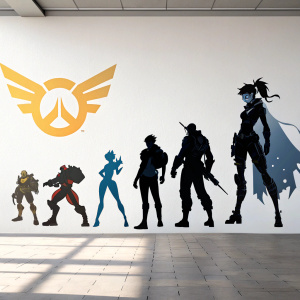 Overwatch character designs showcased on plain white wall. Heroes in silhouette, various postures and outfits
