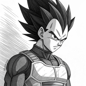 Vegeta, from Dragon Ball series, illustrated in black and white. Detailed line art, no colors