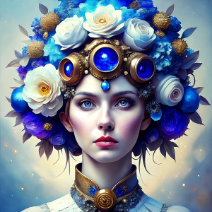 Une teenage princesse fée steampunk orbitaire cuivrée avec des roses blanches irisées tissées sur ses bras et une couronne de pivoines blanches sur sa tête ; lèvres humides entrouvertes baveuses laissant apparaitre un bout de langue à la commissure; strabisme oculaire extrêmement prononcé ; lunettes aux formes très travaillées aux verres très épais ; fond fractal quantique multicolore ; crayon; hyper détaillé ; coloré.