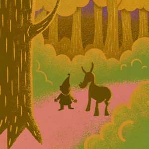 DVD cover illustration of Shrek 2 featuring a gnome-like character and a donkey in a whimsical forest setting. Vibrant colors of green, brown and other hues dominate the scene. Human and fantasy elements blend seamlessly.