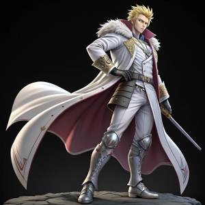 Estarossa from 'The Seven Deadly Sins' anime, a male character, rendered in vibrant 3D. Wears an elegant white coat and armored attire, standing confidently in a dramatic pose. Set against a deep black background, the digital art captures his fierce spirit.