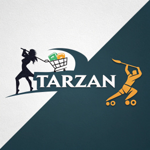 Logo design for Tarzan. Two sections: dark and sleek, vibrant and playful. Dark section: shopping cart and dynamic figure. Vibrant section: whimsical shopping cart and animated figure. 'TARZAN' in modern sans-serif font.
