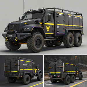 Illustration of a black and yellow Gabber truck from Call of Duty: Modern Warfare. The truck is depicted from various angles showcasing its detailed design and structure in a digital collage.