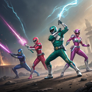 Concept art illustration of Power Rangers characters in dynamic action poses. Vibrant colors including pink, blue, green, and purple. Inspired by the Power Rangers franchise and Battle for the Grid theme.