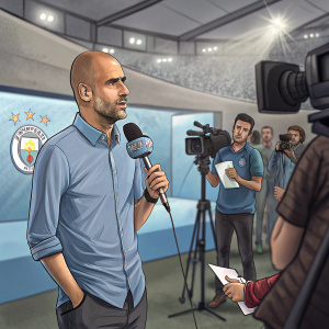 Pep Guardiola, in a casual blue shirt, at a press conference. The background is a news studio with several journalists.