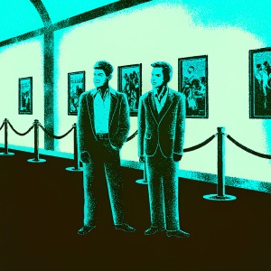 Nolan Gerard Funk and James Dean at an indoor film premiere. Wearing suits. Background features movie posters and red carpet.