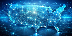 Digital map of USA, concept of North America global network and connectivity, data transfer and cyber technology, information exchange and telecommunication