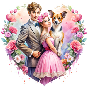 valentine,pink,liberty hold heart,white background,couple dog,no cloth