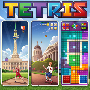 Screenshots from the Tetris mobile game. Includes user login screen, high score board, and in-game purchase options.