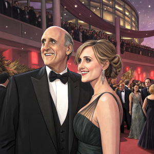 Jeffrey Tambor and Kasia Ostlun at the BAFTA after-party. Dressed in formal wear. A bustling crowd in the background.