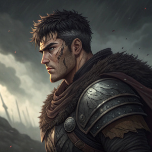 Digital illustration of Guts from Berserk. Rugged character with scars, serious expression. Focus on face and armor textures. Dark, eerie background with swirling shadows.