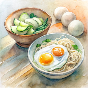 two bowls of chinese noddles, with  fried egg, pale, a plate of cucumber, pale color