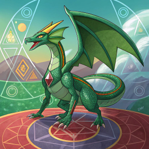 Rayquaza, the green legendary Pokemon, stands majestically atop a kaleidoscope of geometric shapes in a vibrant, detailed digital landscape.