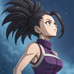 Momo Yaoyorozu from My Hero Academia, high-definition digital art. She has intricate hairstyle and is in a dynamic pose. Wearing a fitted purple top. Background is deep blue.