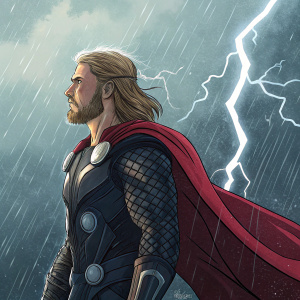 Detailed digital illustration of Thor from MCU. Bright colors and dramatic lightning background. Muscular physique and heroic pose. Dark, grainy texture