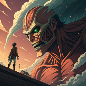 Promotional poster for Attack on Titan, featuring a menacing titan with sharp teeth and piercing green eyes. Detailed artwork with a dynamic composition, vibrant color palette of warm and cool tones, capturing the essence of the anime series.