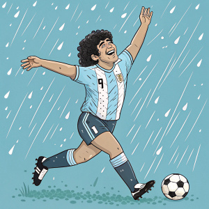 Diego Maradona, in a vibrant cartoon illustration, mimicking a soccer move. Depicted on a background resembling water droplets, adding to the lively and dynamic feel.