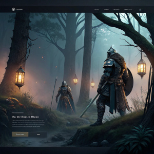 Homepage for the video game 'For Honor', featuring a mystical forest background. The site introduces the Wei Knights faction with detailed lore and vivid imagery. Dark and muted color palette
