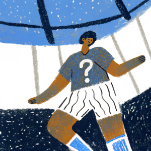 Cristiano Ronaldo, digitally illustrated with a question mark on his jersey, in an energetic pose. Against a deep blue background, with bold graphic style