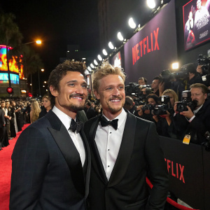 Pedro Pascal and Boyd Holbrook, wearing tuxedos, at the premiere of their new Netflix series. Crowded red carpet with flashing cameras