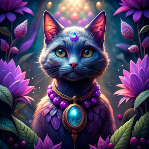 a great evil cat, a crystal in one paw, in the other an amulet with crystals, all in purple tones, the neck is hung with crystals isolated, fully isolated on beautiful garden background