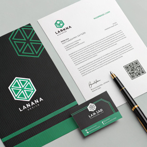 Larana Inc logo, a sleek green and black geometric design, paired with a formal letterhead and business card. QR code and pen positioned on the side.