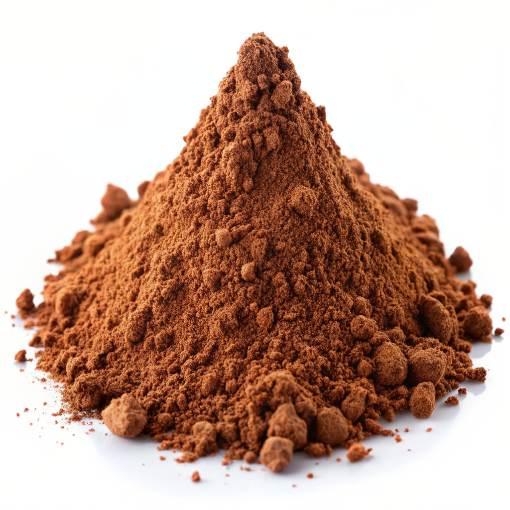 a pile of chocolate powder on white background