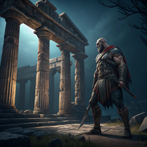 High-definition rendering of Kratos from God of War. Standing in an ancient Greek temple. Dark blue background, intricate stone columns