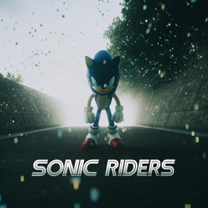 Digital illustration of Sonic the Hedgehog, the iconic hero, in a dynamic pose. Futuristic backdrop filled with glowing particles. Sonic Riders logo at the bottom. 3D rendering style.