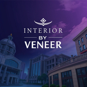A sleek digital banner featuring Interior by Veneer's logo in various languages. The background is a gradient of deep blues and purples.