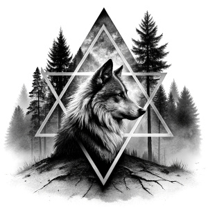 valknut runes pattern geometric symbols - wolf and trees - tattoo design - perfect realistic art - high-definition - grey and black - white background 