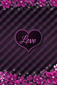 Black, dark grey and pink zebra print background, black heart with pink leopard print that says Love, realistic flowers, diamonds, butterflies, colors black, dark grey, pink, silver. 