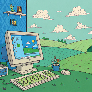 Retrospective digital art of Windows XP desktop. Nostalgic cartoon aesthetic, blue and green tones. 3D icons, Start menu, and Windows logo.