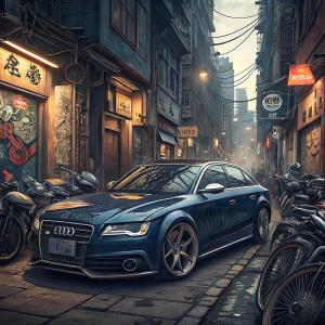 A sleek, navy blue Audi A4 parked in a bustling city alleyway, surrounded by parked motorcycles and bicycles.