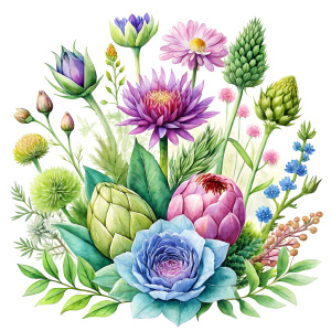 watercolor image , artichokes  ,pink centaurea ,nigella ,mentha ,, hydrangea , wild lupine ,compass plant ,dogwoodevening primrose ,nodding onion , cosmos,scilla,hosta ,achillea,carly dock ,bee balm , physalis , watercolor,  background