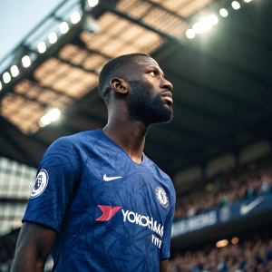 Antonio Rudiger, wearing a blue jersey with Nike and Yokohama Tyres logos. Intense look, standing in an indoor stadium, surrounded by blurry fans