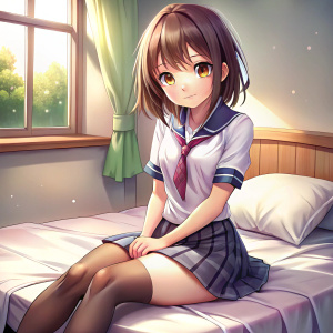 Colegiala  en una cama con falda muy muy extremadamente corta anime 