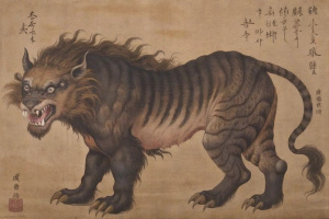 A grand painting of the mythical Taowu from ancient Chinese mythology, in the style of Song Dynasty art. The Taowu is depicted as a fearsome and formidable beast, resembling a tiger with long fur, a human-like face, tiger's paws, and a boar's mouth with protruding tusks. It has a long, powerful tail, and its menacing presence symbolizes stubbornness and ferocity. The creature is captured with meticulous brushwork, highlighting the intricate details of its fur, the intensity of its human-like fac