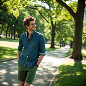 Andrew Garfield, actor, in casual attire. Denim shirt, green shorts. Standing in urban park. Bright sunny day.