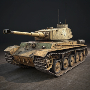 Digital 3D model of the T26E3 Eagle tank from World of Tanks. Weathered exterior, earth-toned camouflage. Dark background, gun barrel and turret visible. Rendered in high detail.