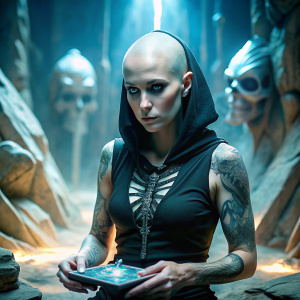 bald pale chick with blue eyes and many magic rune tattoos wearing a sleeveless, black croptop skeleton hoodie doing tarot divination in a crystal cavern