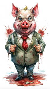  Cartoon drunk crazy capitalist pig with blood knife, pools of blood . Pencil drawing, watercolor
